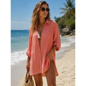 Seafolly Australia 100% Cotton Tunic Shirt XS Beach Coverup Coral Pink